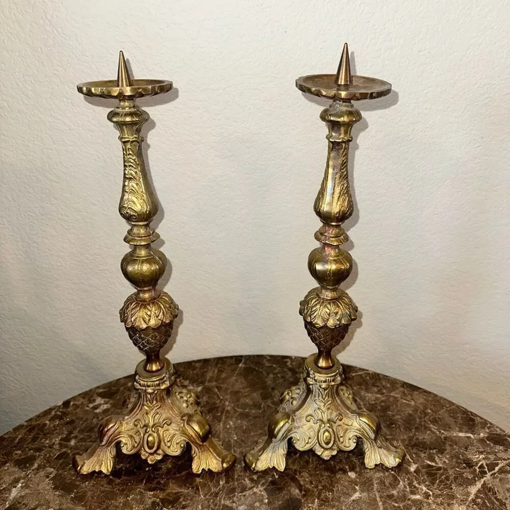 Ornate Brass Alter Candlesticks Pair